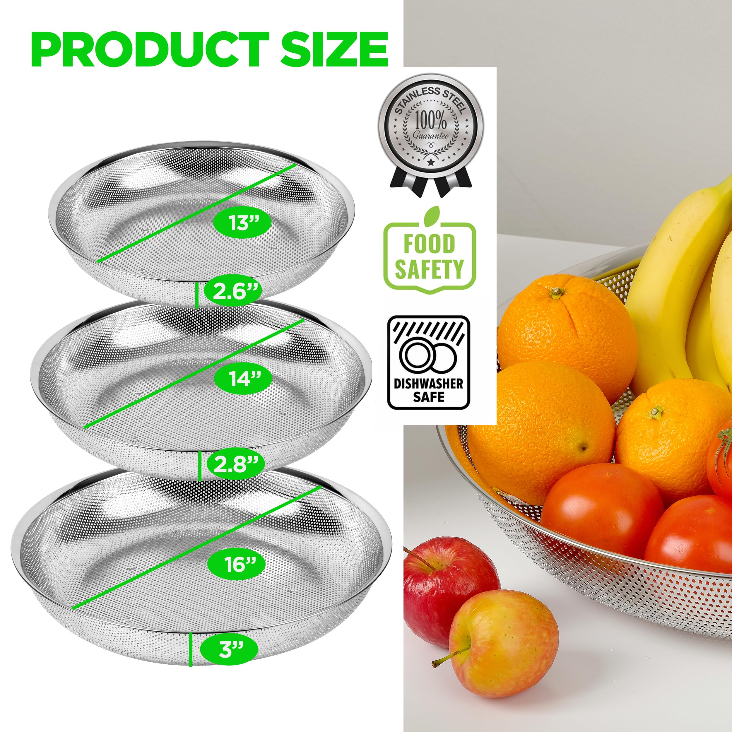 Lot de 3 passoires en acier inoxydable 18/8 304 - Passoires et plateau micro-perforés - 5,5 à 7 à 10 litres - Base solide auto-drainante pour pâtes, fruits, légumes, fabriqué en Corée COMPORT K