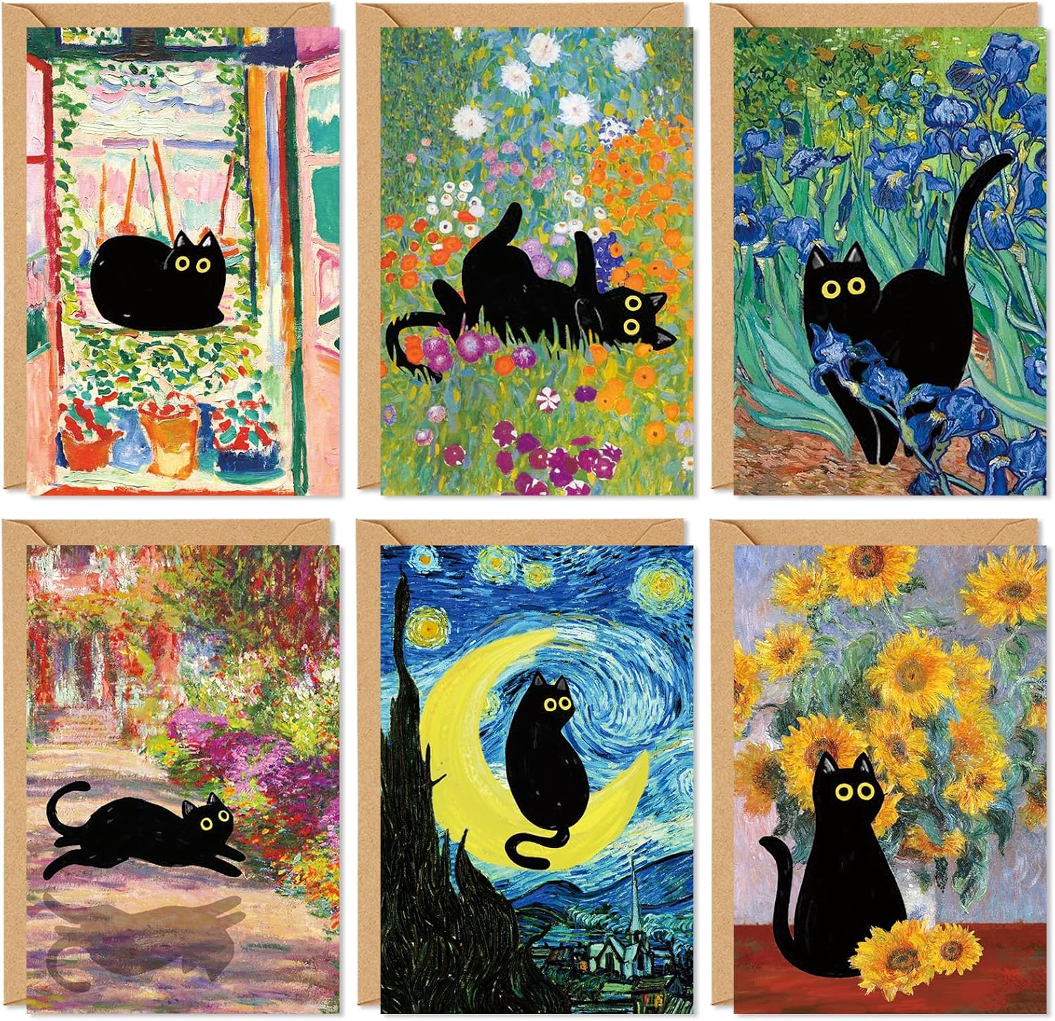 FYSUIMU 36 Pack Cute Black Cat Floral Greeting Cards with Envelopes & Seal Stickers - 4x6 Blank Note Cards for Spring Parties & Gifts