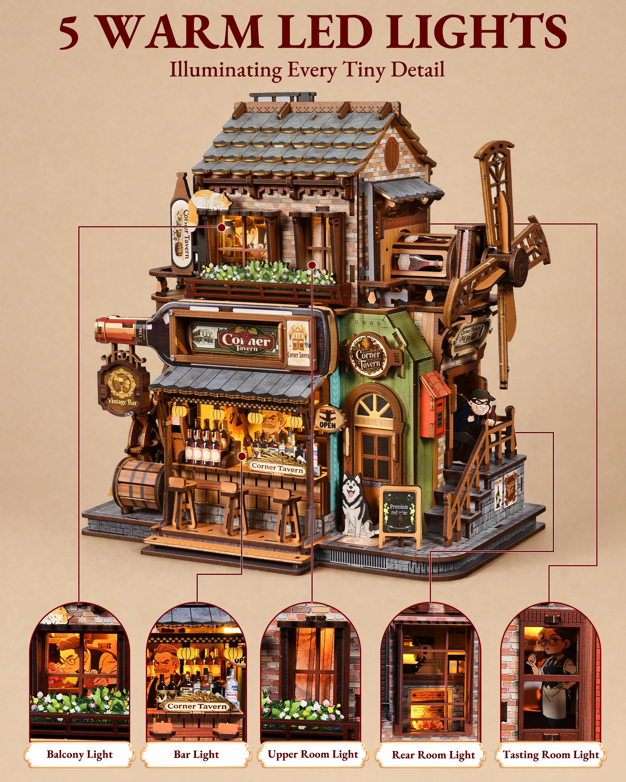 Puzzle 3D Legno Taverna Modellino Musicali con Girandola Che Gira e Luci