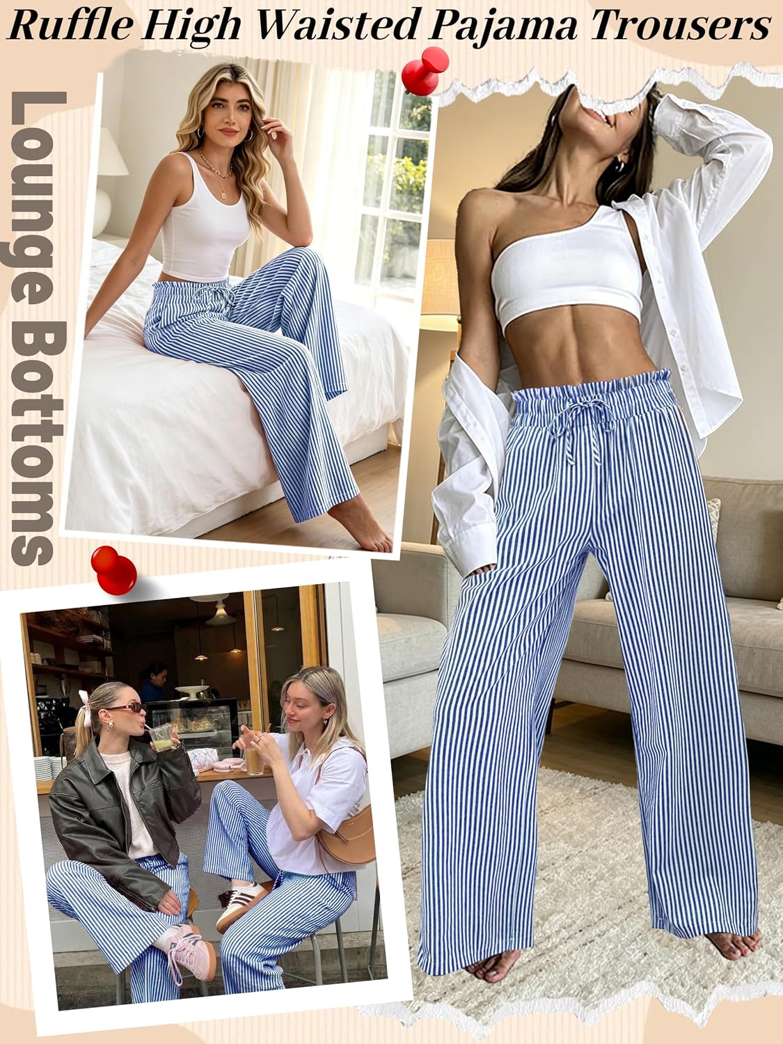 Cotton Gingham Striped Pants Women High Waisted Ruffle Wide Leg Lounge Pajama Trousers with Pockets