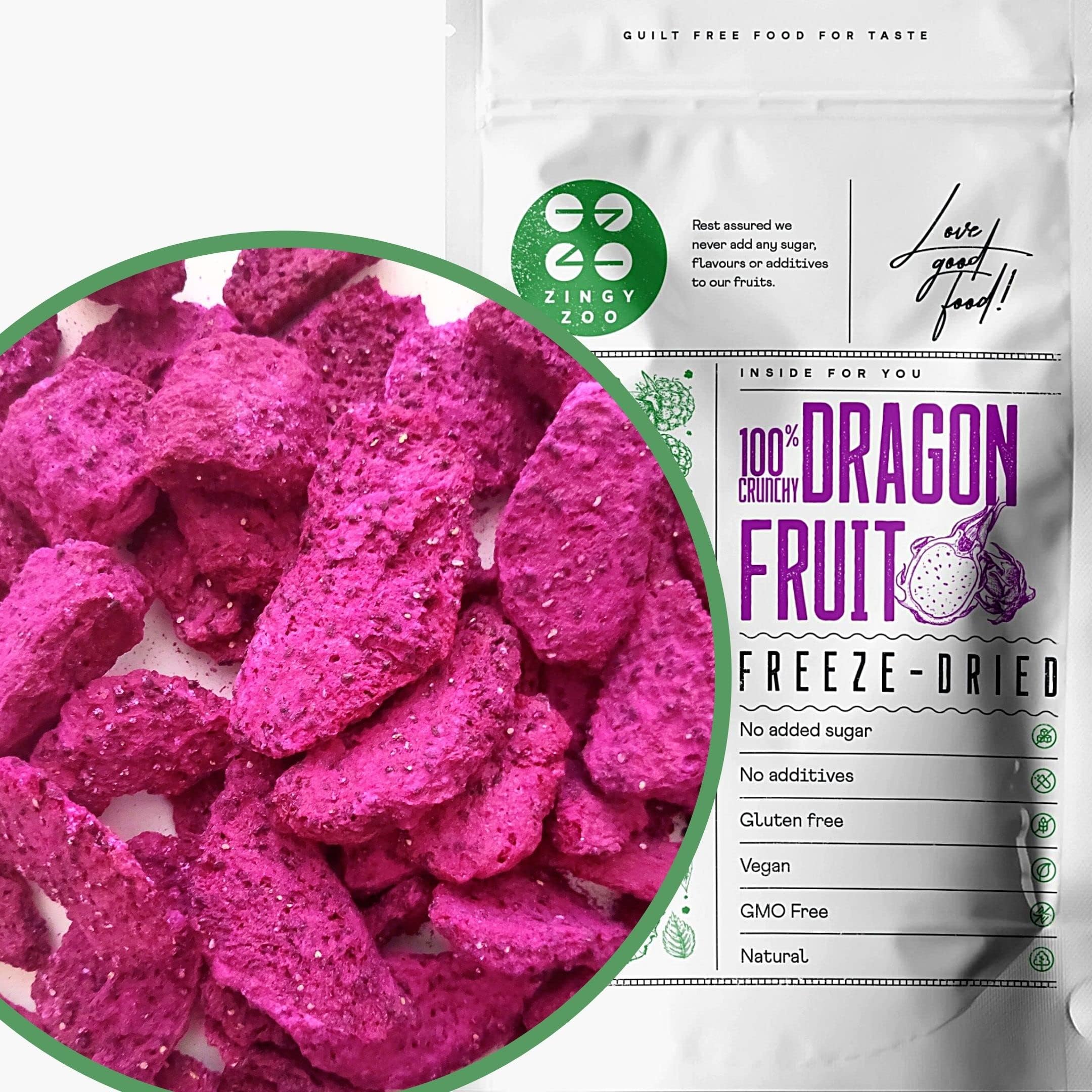 Freeze Dried Red Dragon Fruit | To-go 50g Natural Raw Unsweetened Pink Pitaya Pieces | Freeze Dried Fruit Red Pitahaya | Make Smoothie Powder or Snacking | Pink Food Colouring Fruits Berries ZingyZoo
