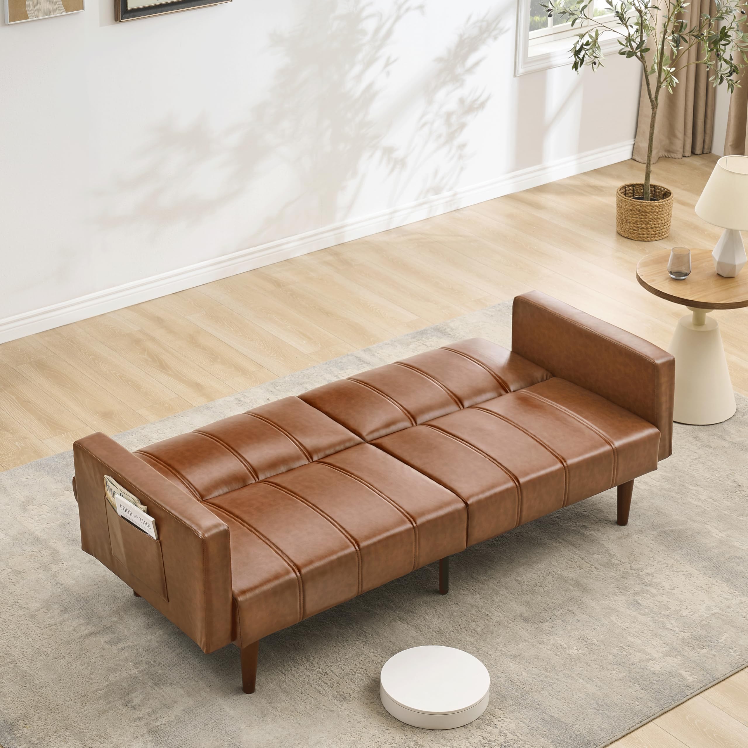 Garvee Modern Futon Sofa Bed, Convertible 75" Sleeper with Adjustable Backrest & Side Pockets, Mid-Century Brown PU Leather | Backrest & Side Pockets, Mid-Century Brown PU Leather