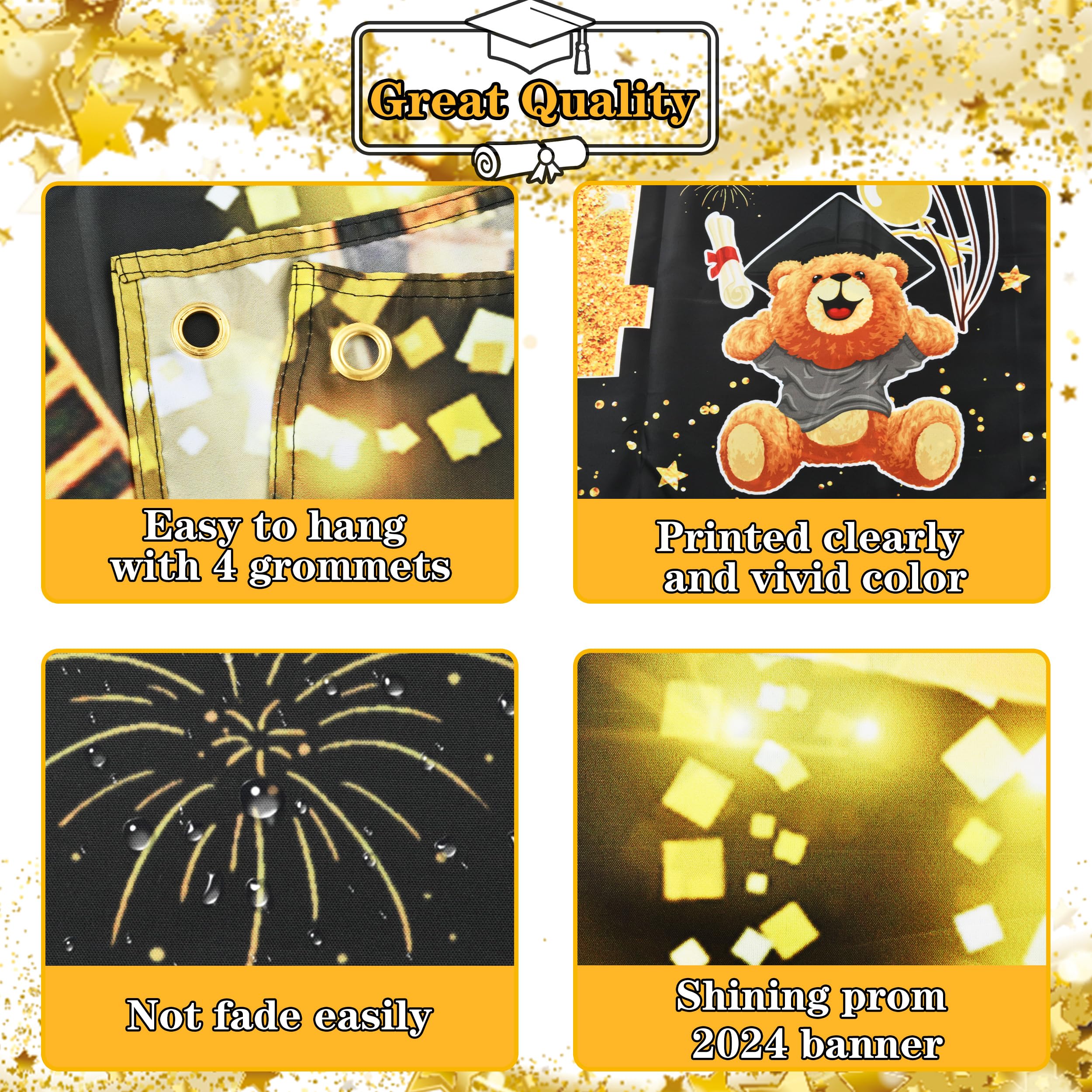 Abitoncc 4 PCS Prom Banner 2024 Black and Gold Prom Decorations 2024 Backdrop Gold 2024 Foil Balloons for High School College Graduation Class of 2024 Prom Night Prom Backdrop Prom Banner 2024 - Image 3