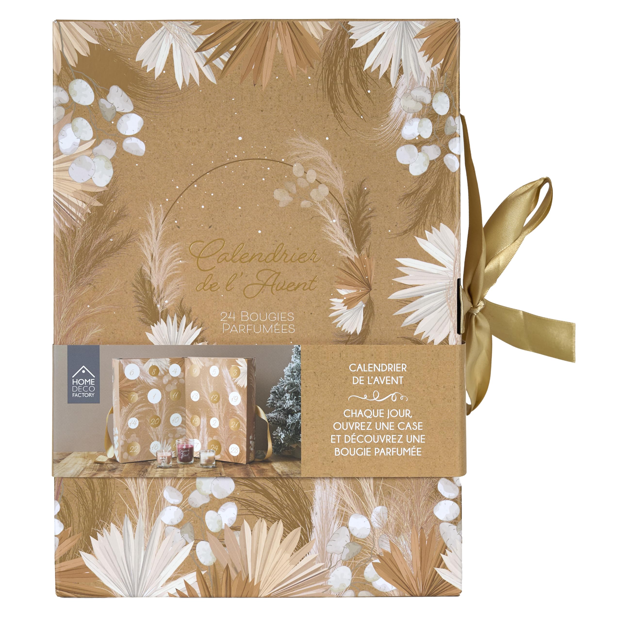 HOME DECO FACTORY - BO0044 Calendrier de l'Avent avec 24 Bougies Parfumées - Design Élégant - Senteurs Variées - Conçu pour Ambiance Festive de Noël - 24 Pièces - Couleur Blanc Marron