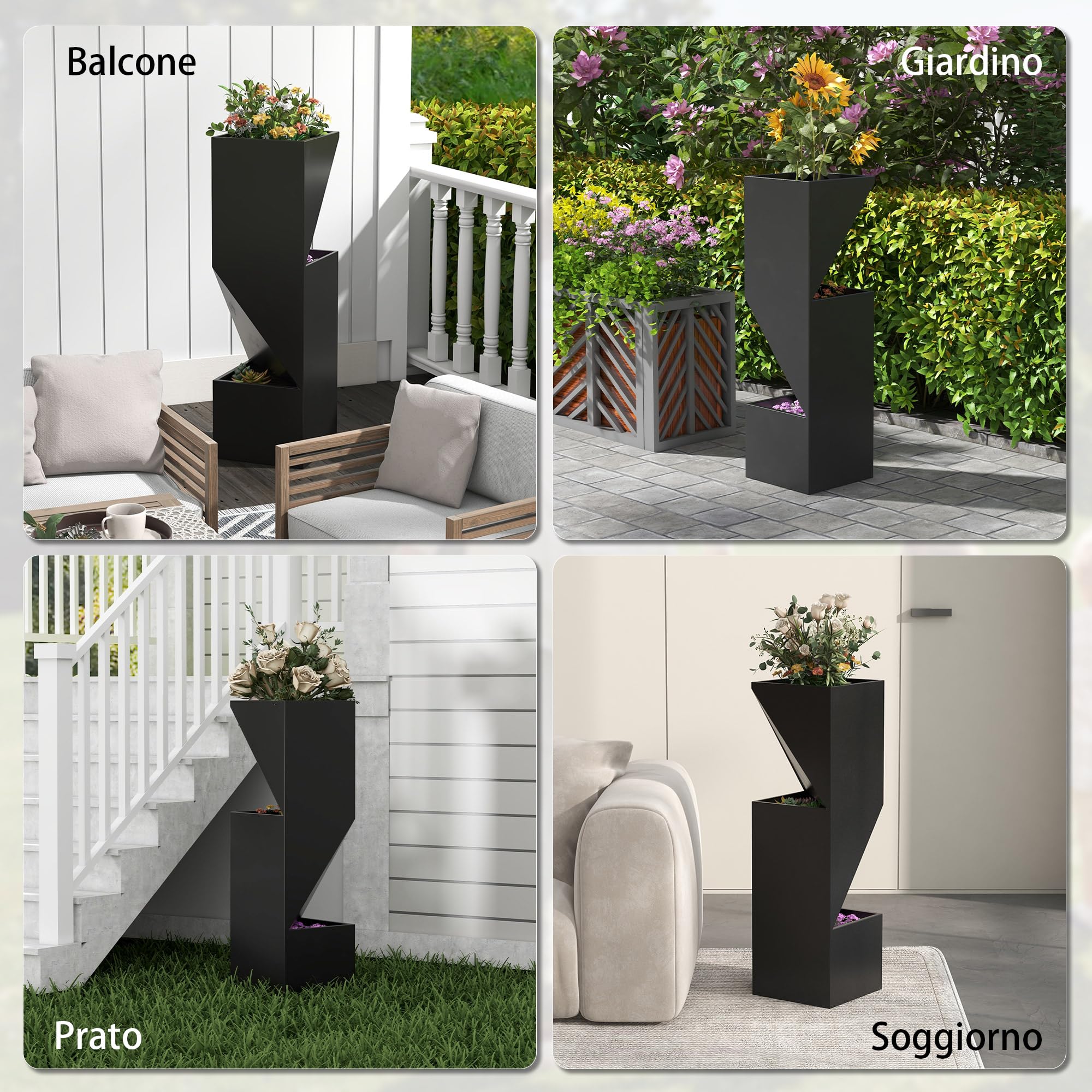 Outsunny Fioriera da Esterno con 3 Aree Coltivazione Nero 30x30x100 cm | Fori di Drenaggio, Vaso Fioriera in Metallo