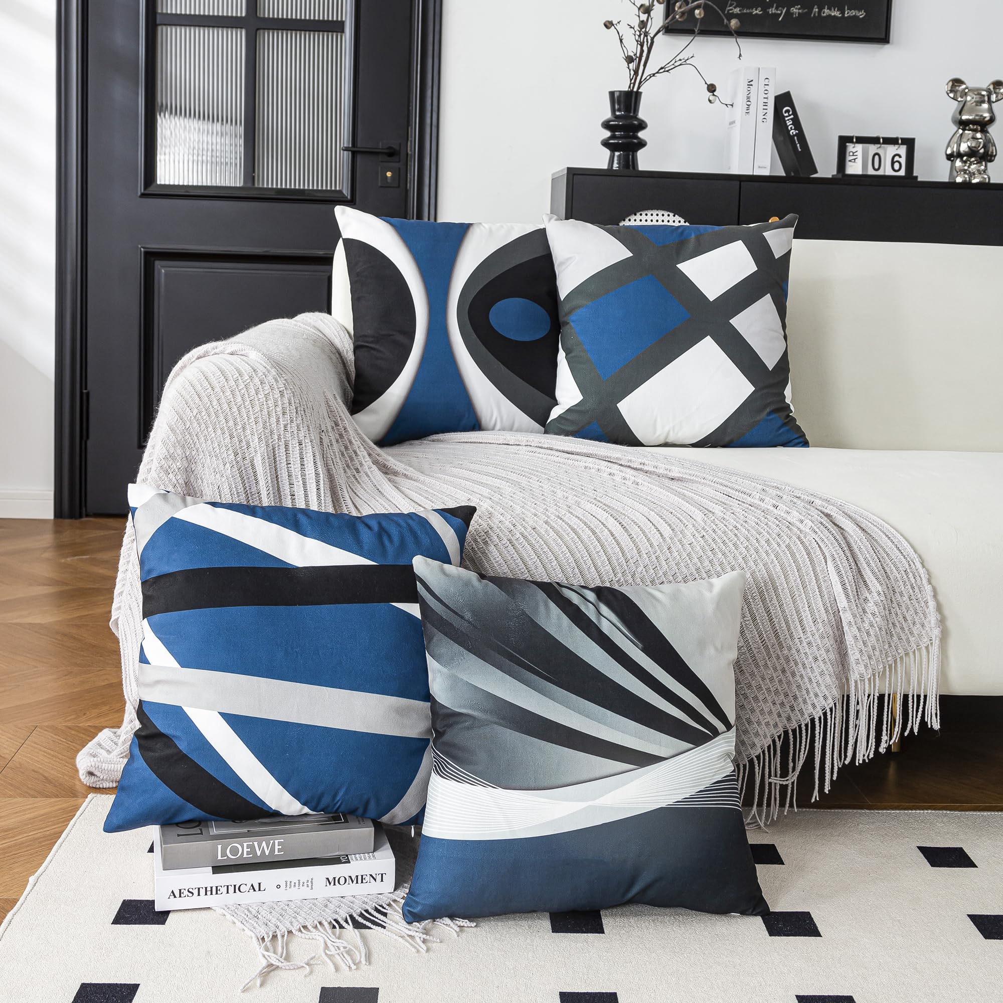 ZHILING Set of 4 Cushion Covers 45x45cm Abstract Dark Blue Black Grey Stripes Bold design Pillow Cases Home Decor Square cushion covers 18x18 Inches - Image 4