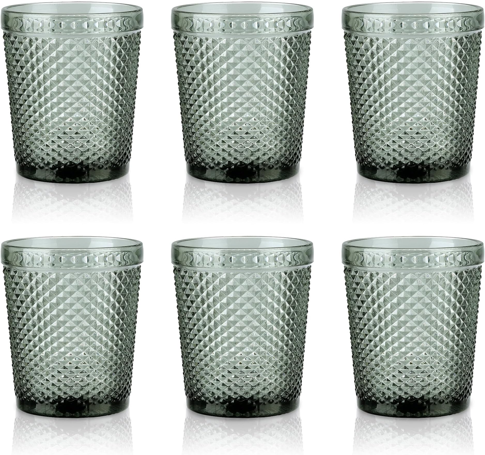 Joeyan Drinking Glasses Set of 6, 300ml Water Glasses Tumbler Embossed Colored Glass Cups with Diamond Design,Glassware Set for Juice Beverages Cocktail Beer Tea Gift, Grey