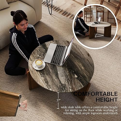 Miniatura 5 de Travertine - Mesa de centro con textura de 31.5 pulgadas, moderna mesa de centro de mármol sintético, mesa central de círculo bajo para sala de Gris