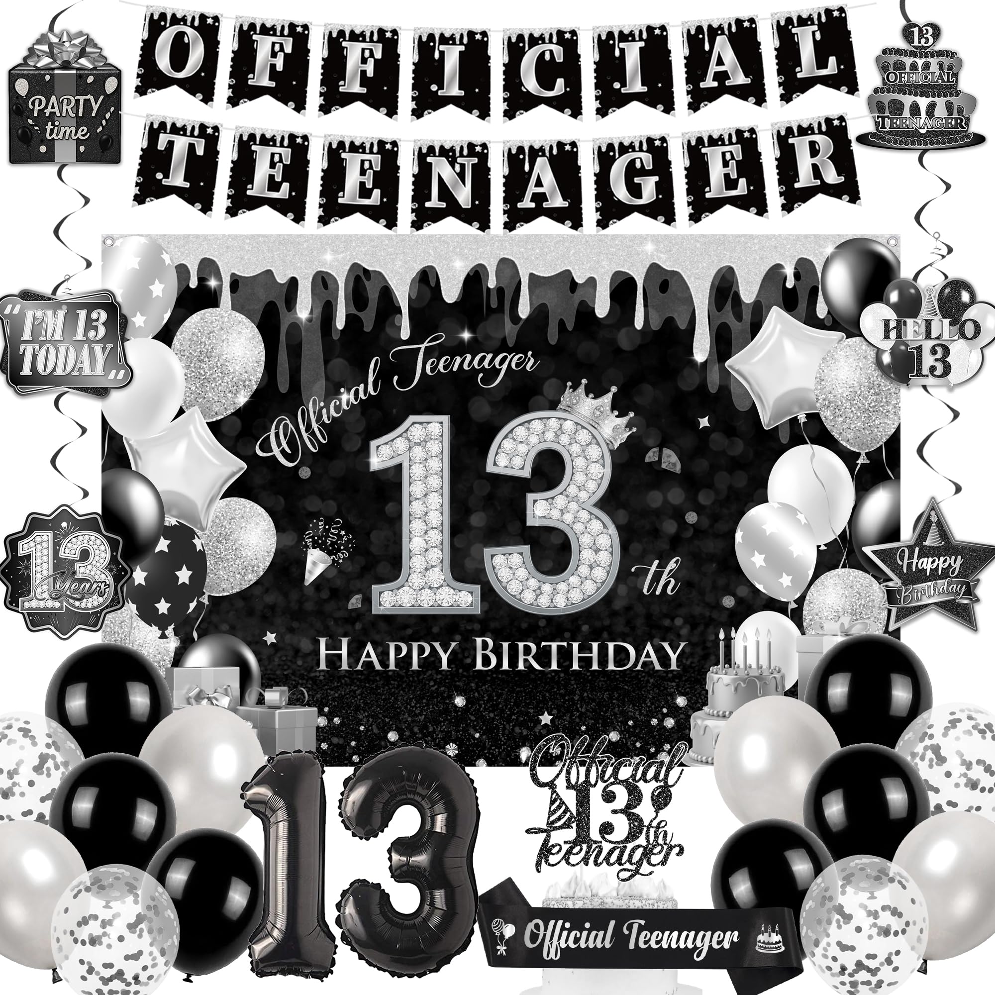 Official Teenager 13th Birthday Decorations - Black Silver Happy 13th Birthday Backdrop Banner Balloons, Cake Topper Sash and Hanging Swirls for Girls and Boys 13 Year Old Party