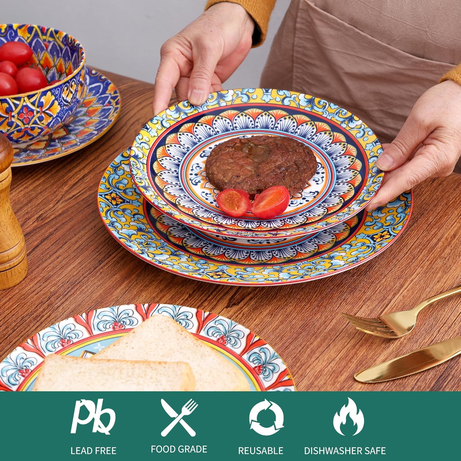 12-Piece Bohemian Style Porcelain Dinnerware Set - 8.5 Inch / 10.5 Inch Plates & 6 Inch Bowls, Dinnerware Set for 4, Microwave and Dishwasher Safe, Scratch and Wear Resistant, Kitchen Tableware