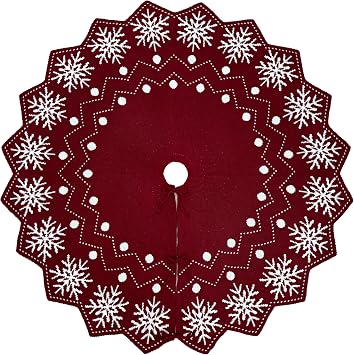 36-Inch Reversible Knit Tree Skirt with Christmas StarInspired Pointed Edge Border and Lace-Up Closures, Machine Washable Thick Acrylic Yarn, Burgundy & White