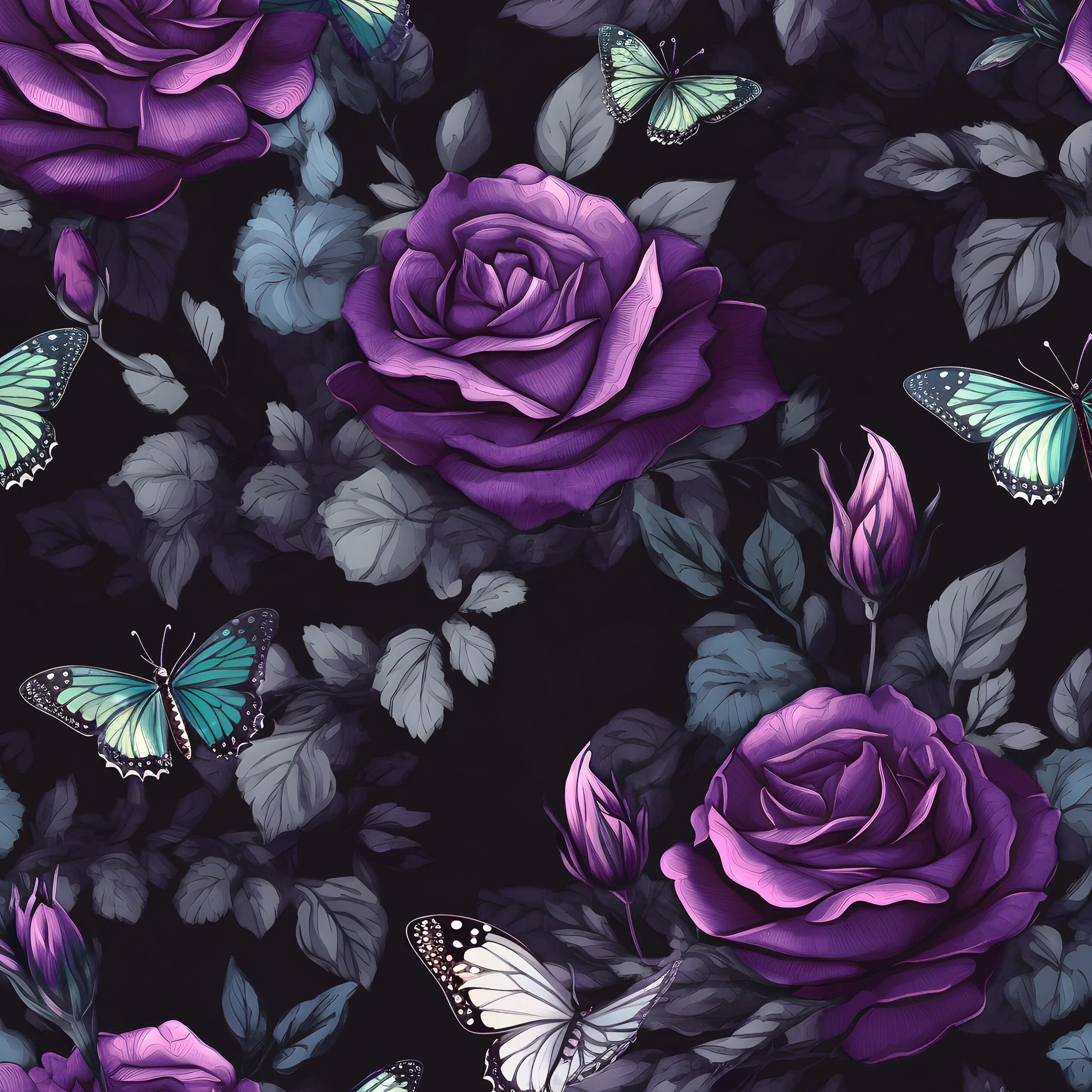 Black Foral Wallpaper Peel and Stick Dark Purple Rose Contact Paper 17.4" x 393", Waterproof Self-Adhesive Flower Butterfly Wall Paper for Bedroom