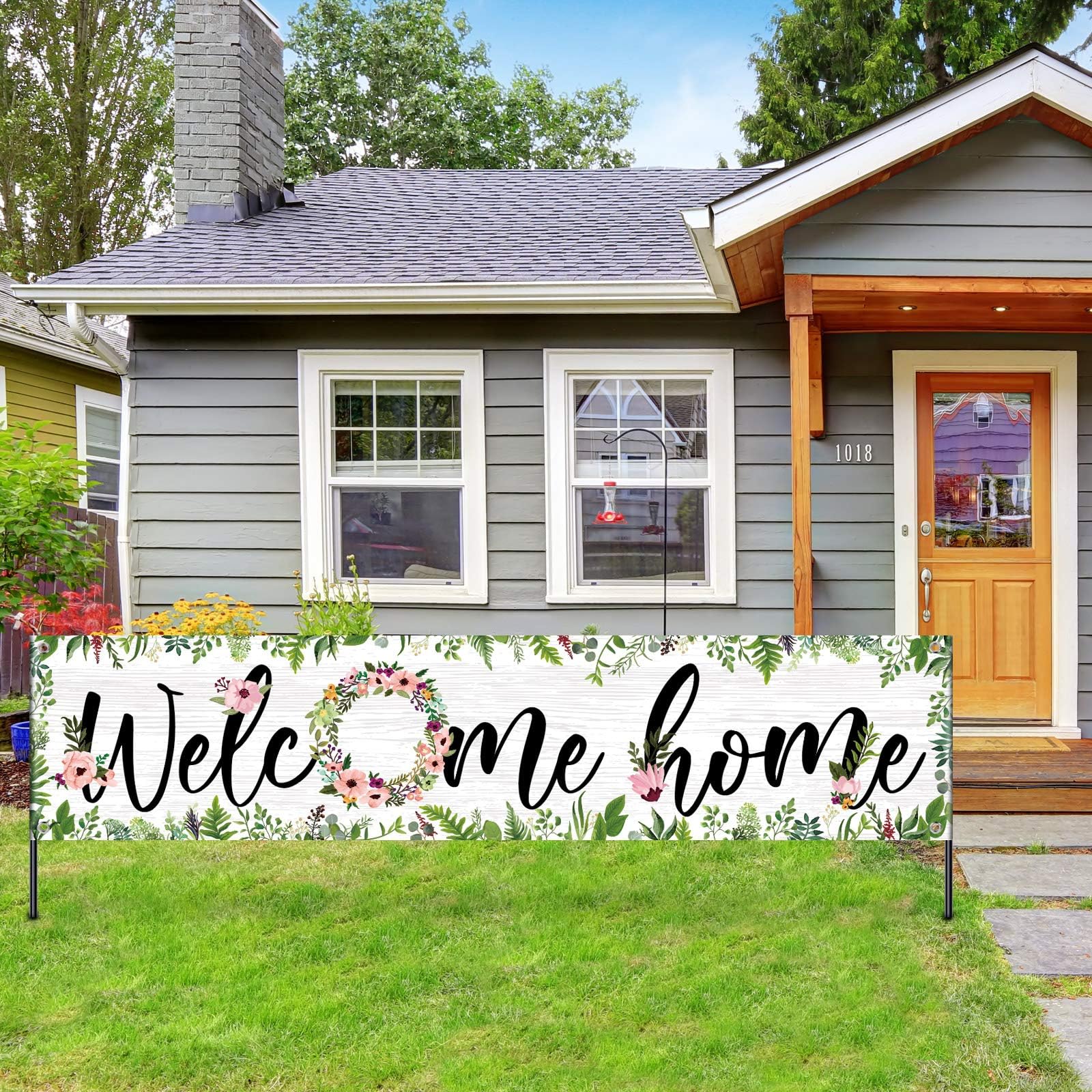 Sumind Welcome Home Banner Large Welcome Home Sign Decorations with Rope Hanging Seasonal Spring Flower Garland Grass Backdrop for Housewarming Party Family Reunion Yard Gender Reveal, 71 x 15.7 Inch