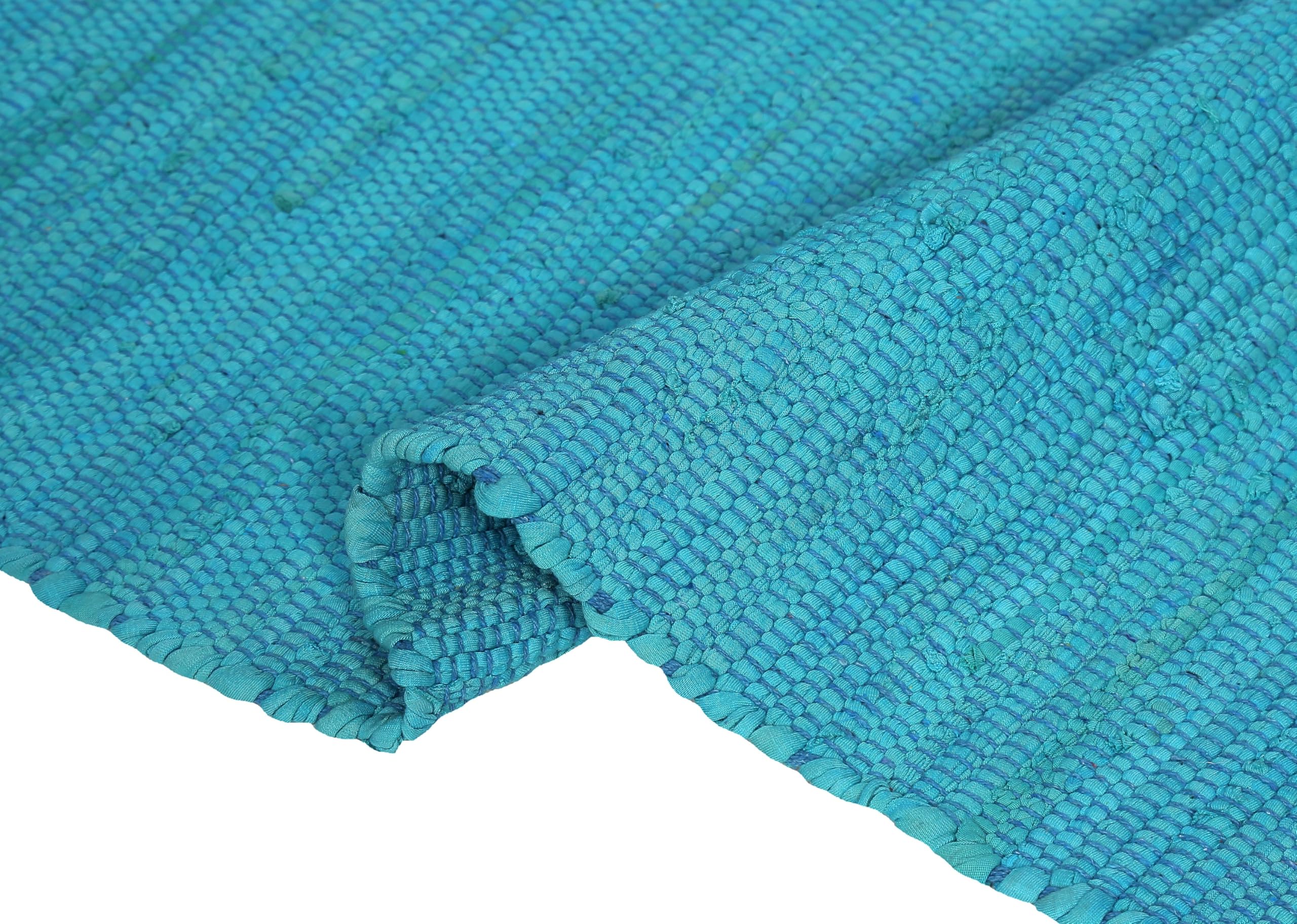 Cotton Rag Rug 24''x36''- Multicolor Chindi Rug - Hand Woven Washable & Reversible for Living Room Kitchen Entryway with Tassel (Aqua Solid)