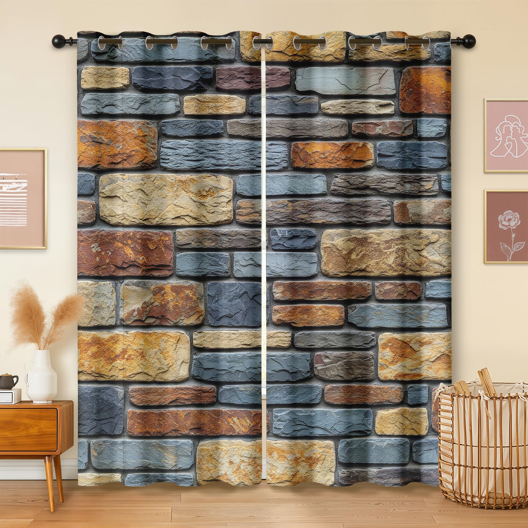 Havenix 3D Brick Wall Blackout Curtains for Bedroom Living Room, 72 inch Drop Curtains 46x72, Thermal Insulated Eyelet Drapes for Windows, Rustic Stone Patterned Window Treatments, 2 Panels