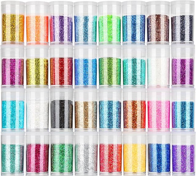 Sparkly Fine Glitter for Crafting, FANDAMEI 32 Colors of Nail Glitter Face Glitter Powder for Arts Crafts, Rainbow Body Glitter & Tattoo Glitter for Scrapbooking Cards Eye Hair Makeup, Craft Glitter