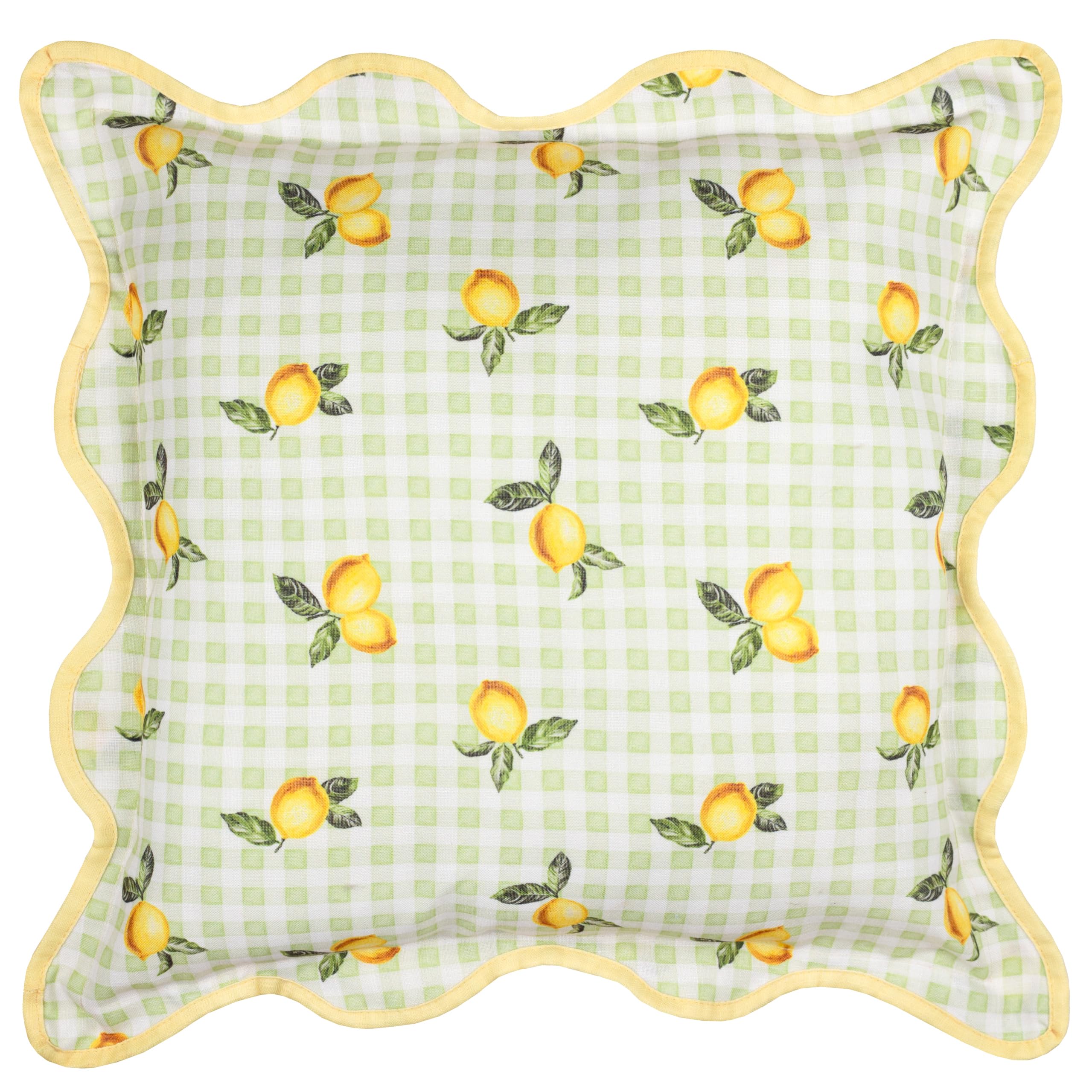 Furn. Sage Fruits Lemons Cushion Cover – Water Resistant Gingham Lemon Fruit Outdoor Wiggle Piped Edge Decorative Case ( - 45X45cm)