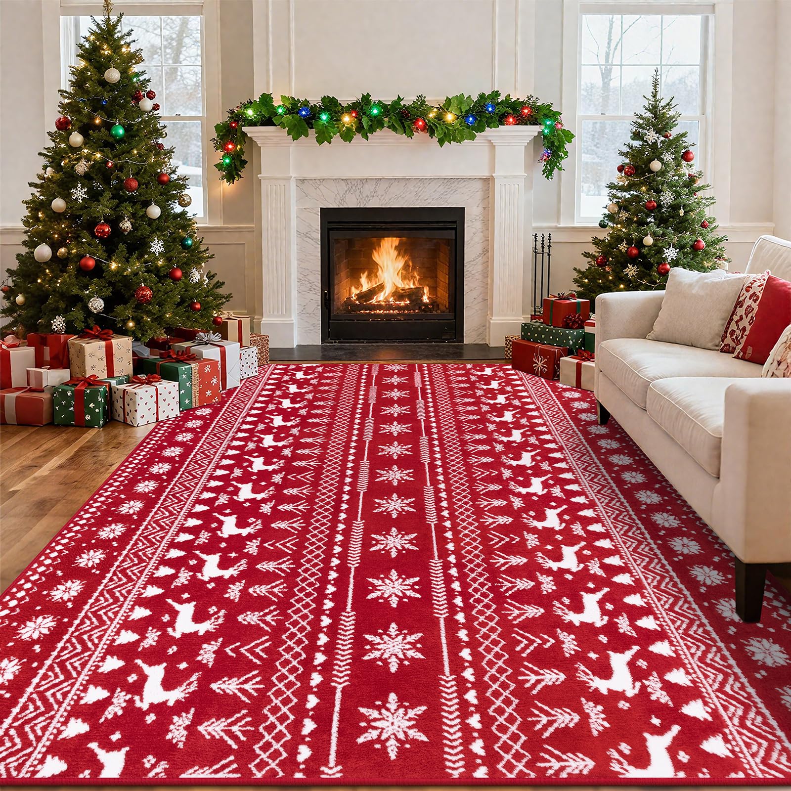 UArtlines Red Christmas Living Room Rug 8x10 ft Washable High-Low Pile Carpet Non-Slip Winter Soft Xmas Holiday Area