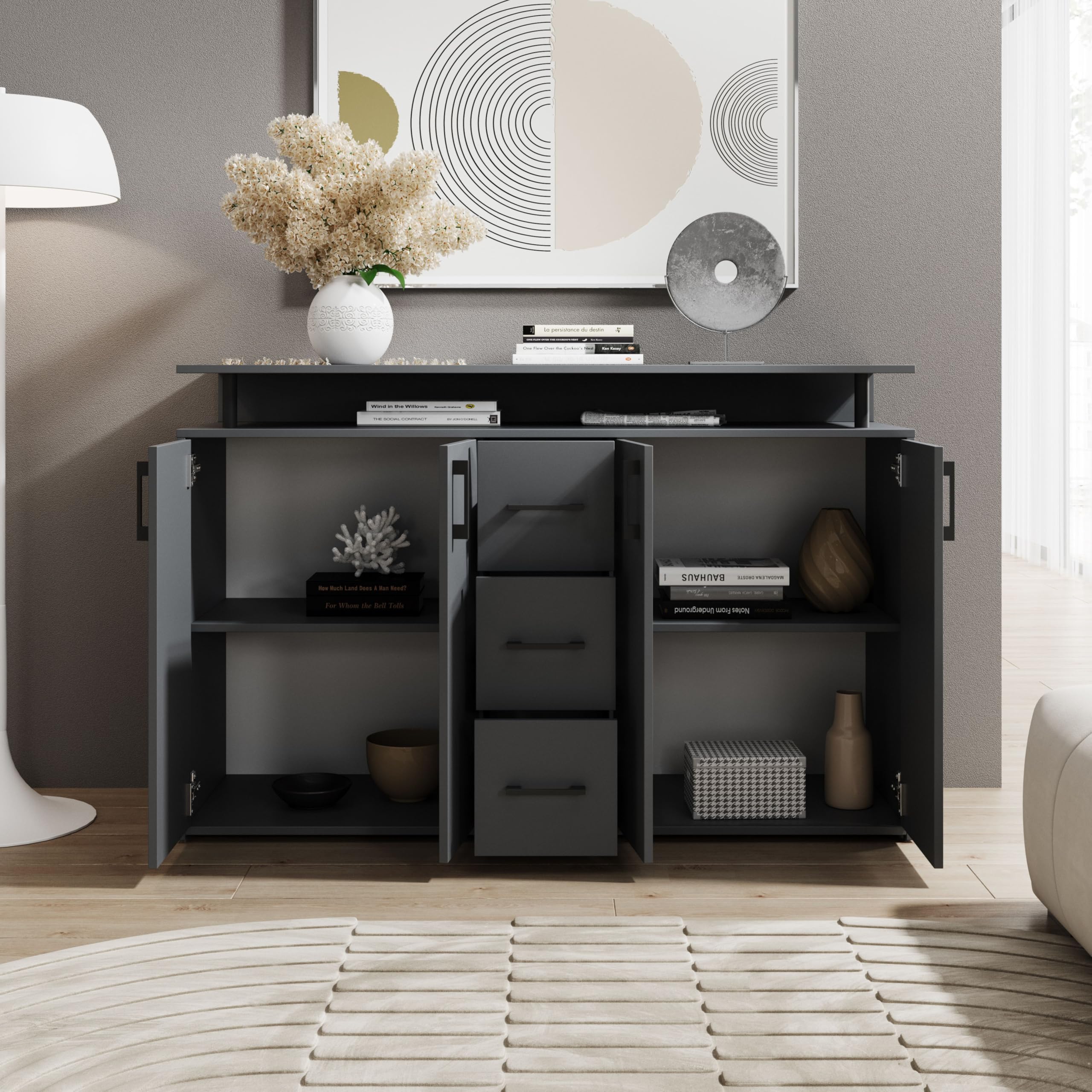 Drift Highboard mit Ablage in Anthrazit - Moderner Wohnzimmerschrank mit Schubladen und viel Stauraum für Ihren Wohnbereich - 139 x 90 x 34 cm (B/H/T) | Wohnzimmerschrank mit 4 Türen, 3 Schubladen, offenem Fach, melaminbeschichtete Oberfläche und viel Sta