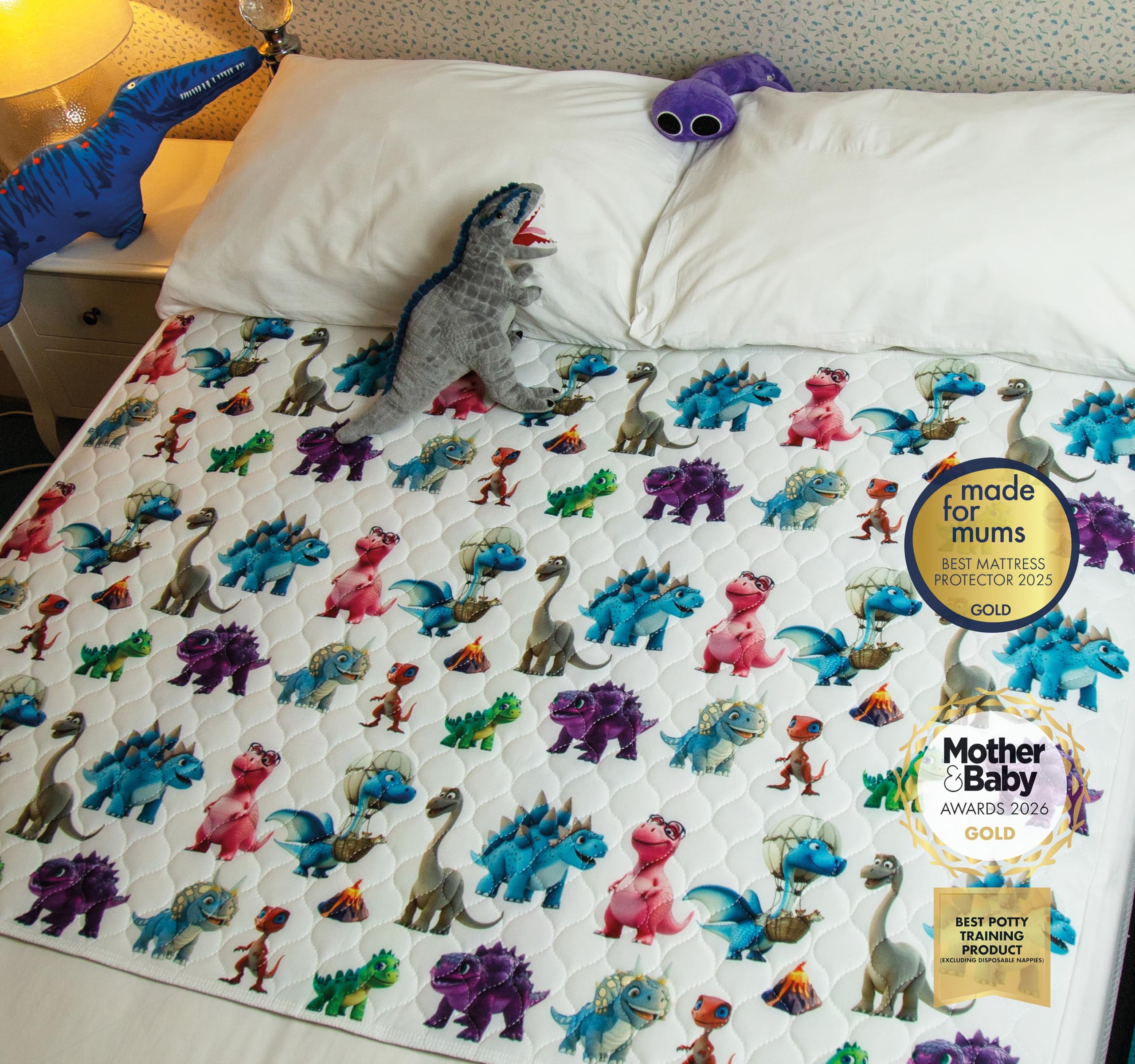 Bedwetz Potty Training Bed Pad – Waterproof Mattress Protector for Double Beds, Washable 5-Layer Bed Wetting Sheet with Non-Slip Wing Tucks | Dinosaur