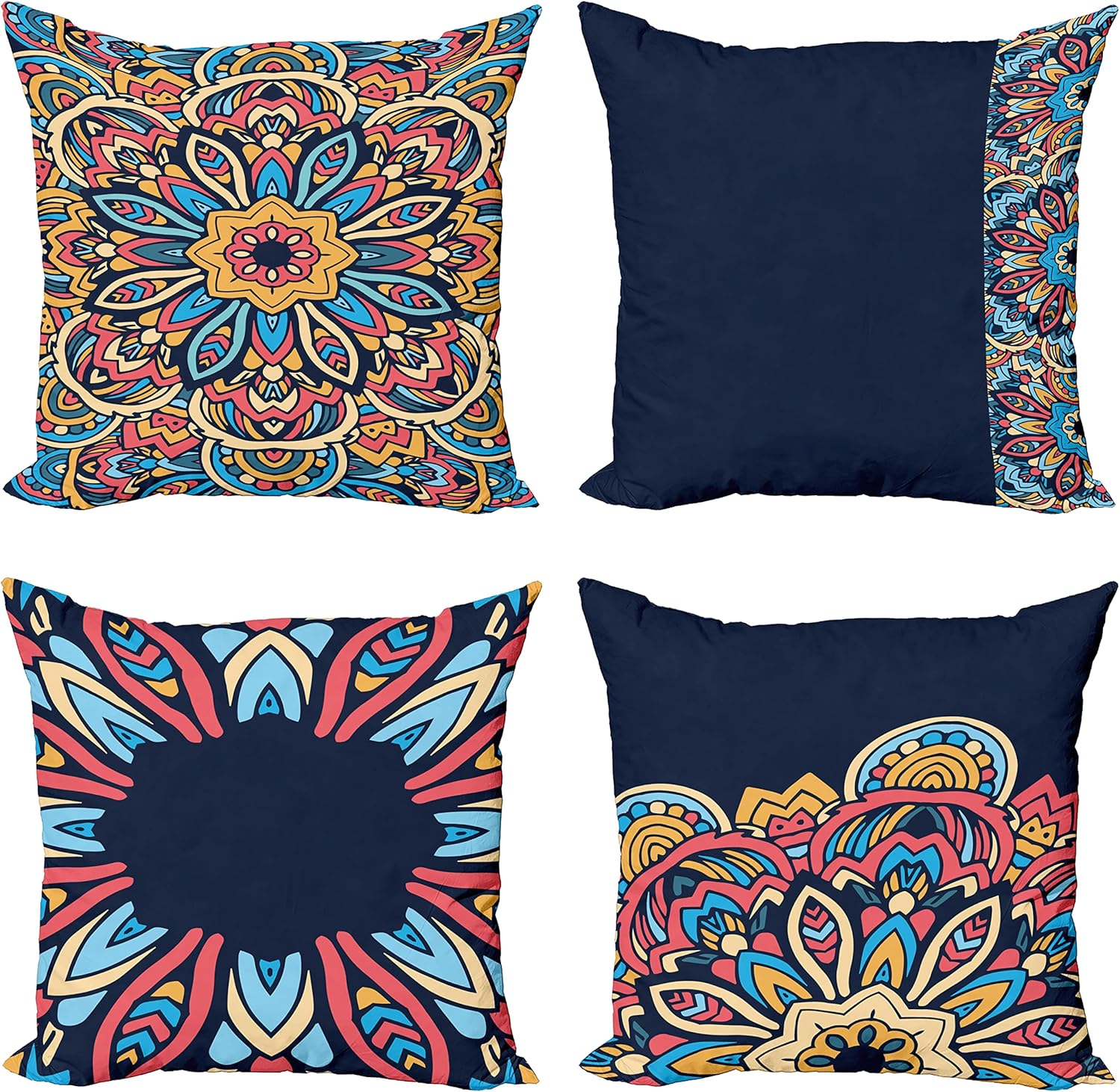 Ambesonne Mandala Throw Pillow Cushion Case Pack of 4, Multicolor Swirling Boho Artwork with Eastern Influences Abstract Look, Modern Accent Double-Sided Digital Printing, 18", Dark Night Blue