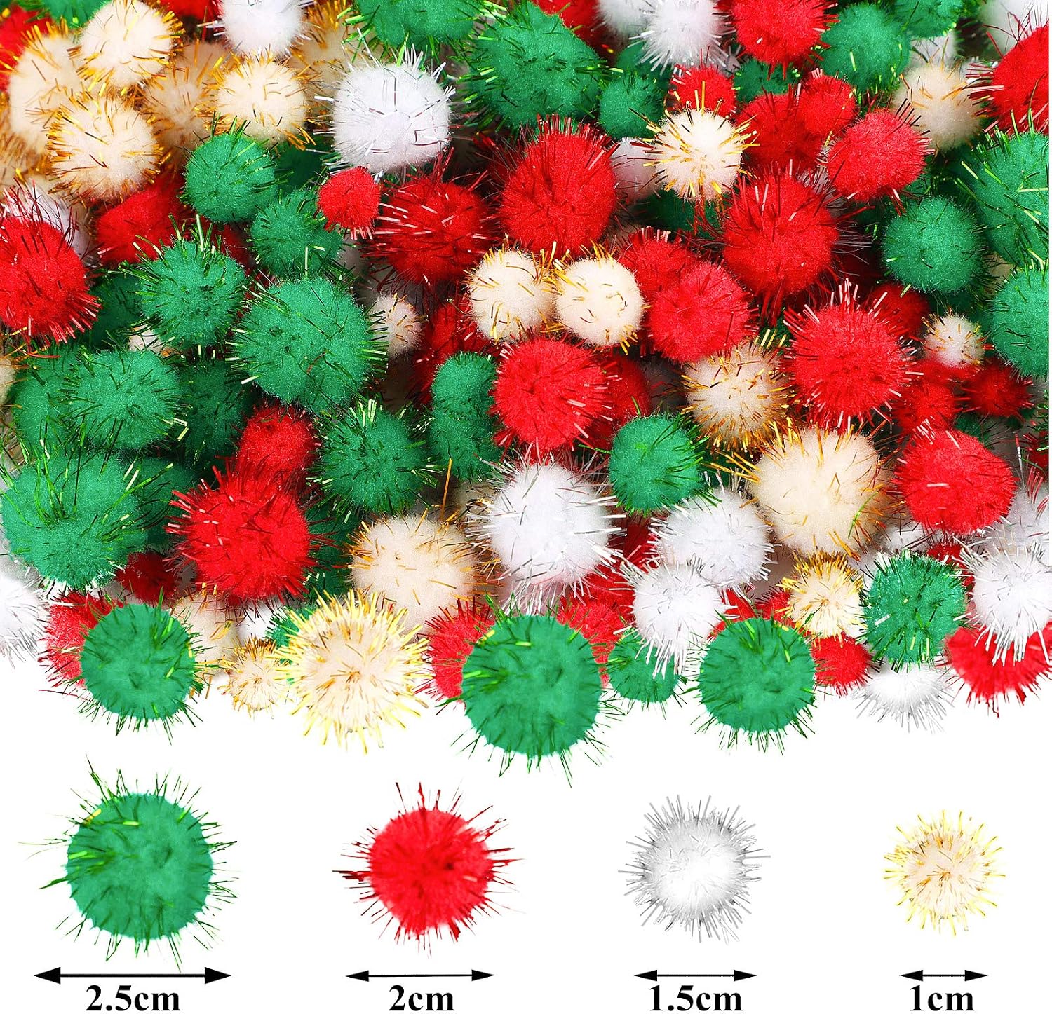 Aneco 900 Pieces Glitter Christmas Pom Poms Assorted Sizes and Colors Pompoms with Glitter Foil Christmas Crafts Fluffy Balls for Holidays DIY Art Crafts Supplies