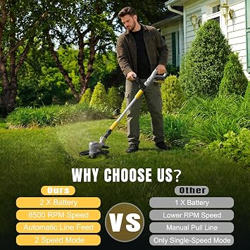 12 21V Weed Wacker Cordless, 2 in 1 String Trimmer & Edger with Auto Line Feed, 2 Speed Modes, 2 X 2.0Ah Batteries/1 X Charger/6 X Spools, Lawn Mower Weed Eater for Lawn, Garden, Yellow