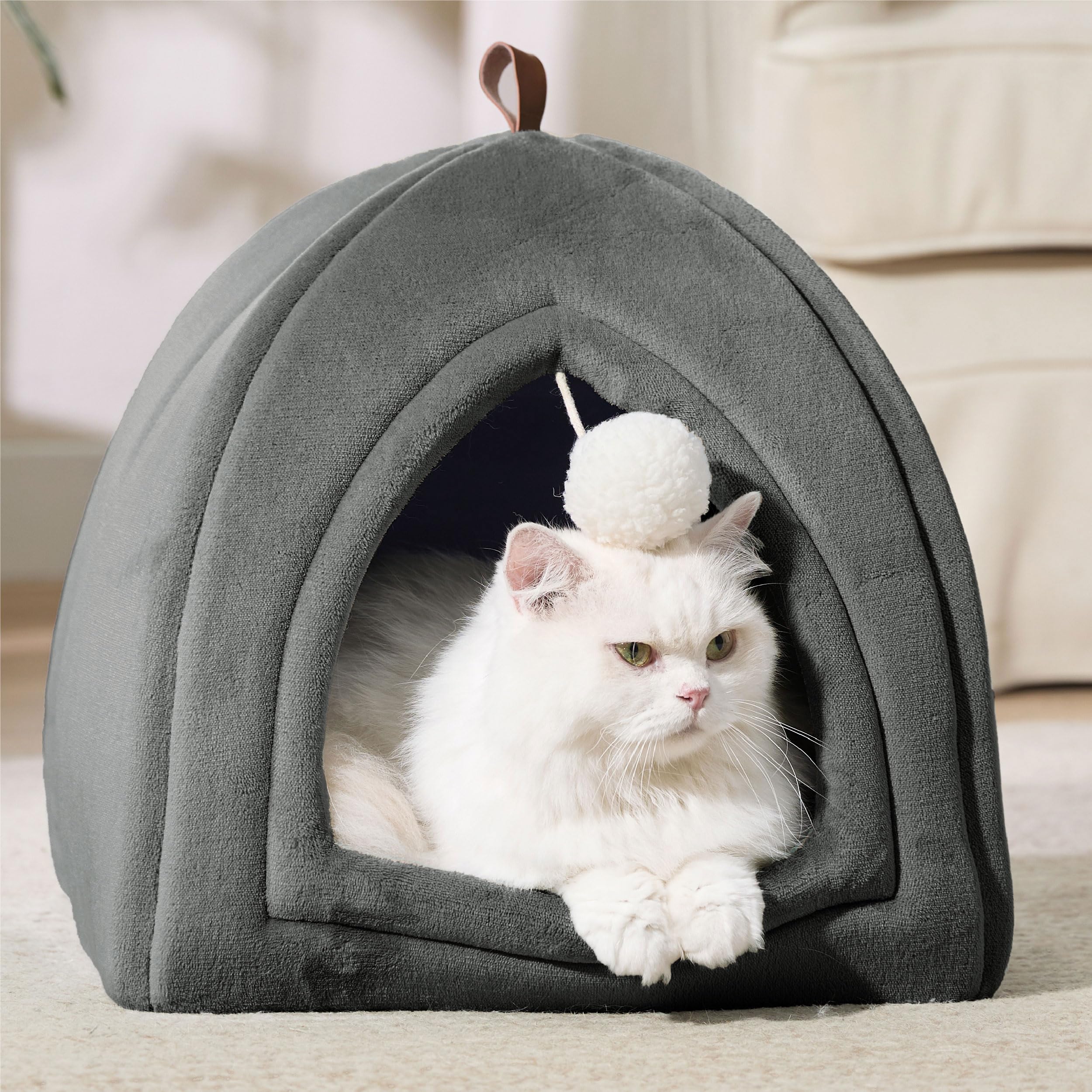 Bedsure Cama Cueva Gato Interior Casa Iglú Franela, 40x40cm | Cama Mascota Cerrada Plegable con Cojín Extraíble Lavable, Gris Oscuro