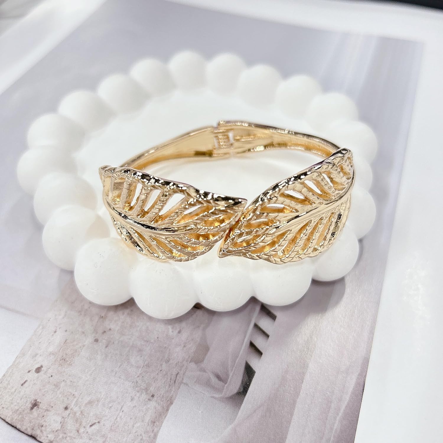 Hollow Leaf Wrap Hinged Statement Bangle Bracelet for Women Modern Wide Chunky Leaves Open Cuff Bracelets Trendy Thick Arm Wrist Bridal Wedding Party Holiday Boho Fashion Jewelry - Image 4