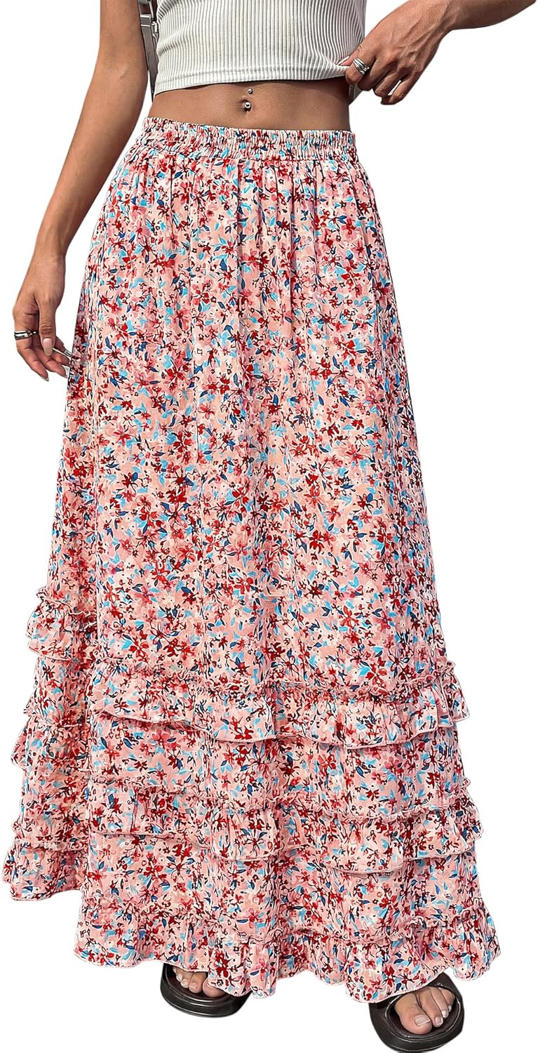 BTFBM Skirts for Women Summer Flowy A-Line Floral Boho Maxi Skirt Long Wedding Guest Dresses Spring Outfits 2026