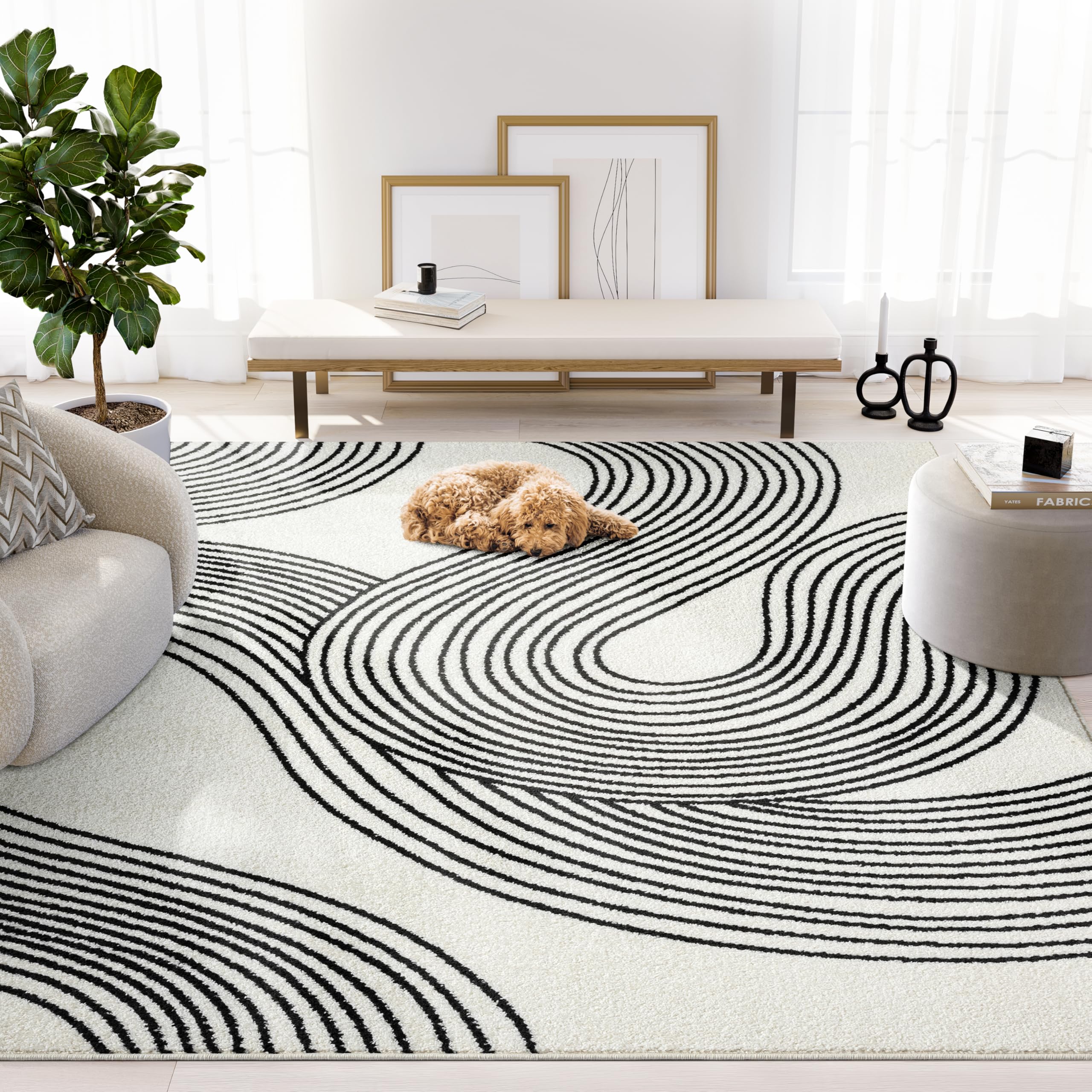 Abani Nuevo Beige Black Swirls Modern Area Rug 6' x 9' for Living Room, Bedroom - Abstract Design - Durable & Easy to Clean