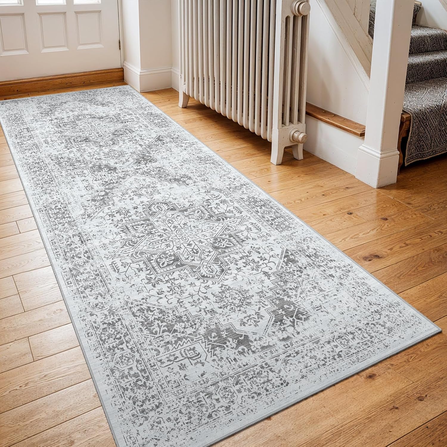 3x8 Hallway Runner Rug: Lightweight Soft Washable Kitchen Runner with Non Slip Backing Foldable Low-Pile Vintage Rug Runner Stain Resistant Carpet for Bathroom Entryway Bedroom (Light Gray,3x8)
