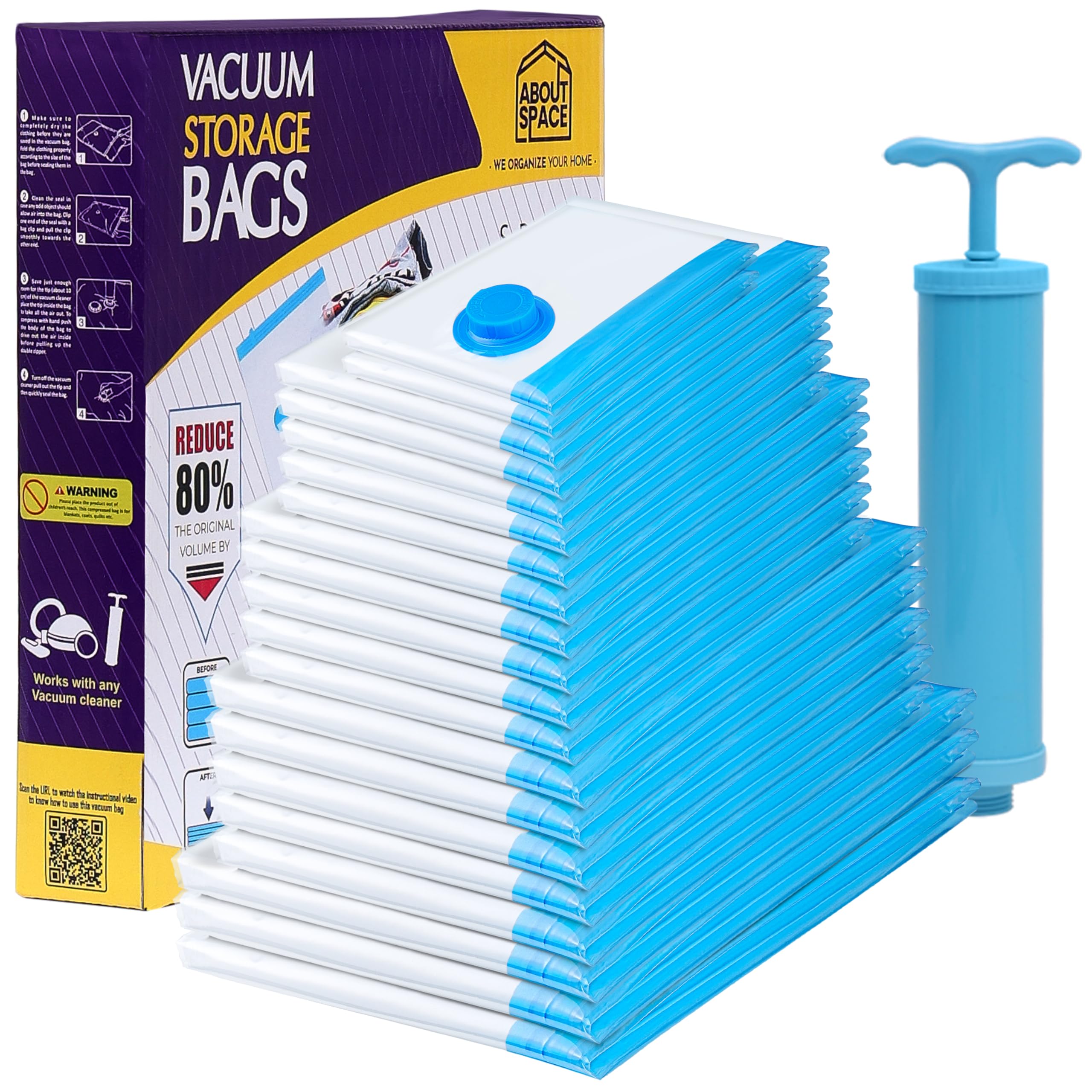 ABOUT SPACE Polyamide Polyethylene Vacuum Compression Bags (20 Pack) with Hand Pump | 3-X Jumbo/5Jumbo/5L/5M/2S Zip Seal