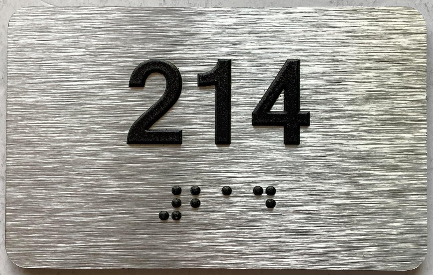 Apartment number sign - Unit number sign / Suite number sign comes with Raised letters & Grade 2 Braille - Includes Red Adhesive pad for Easy Installation (2.5" W x 4" H,Brushed Aluminum/silver, Tacticle Sign) - The park Ave Line (Apt 214)