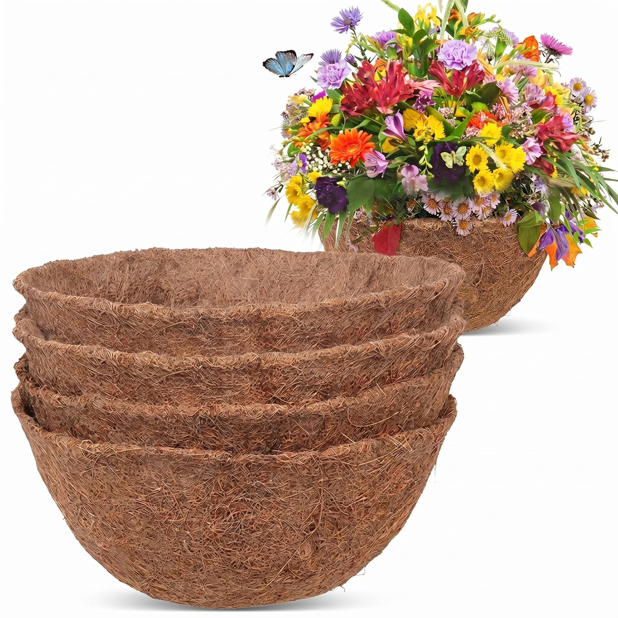 4PCS Hanging Basket Liner, Coco Fiber Liners for Hanging Baskets Plant Flower Growth, Indoor Outdoor Garden Porch Balcony Planter Wall Basket Liner Replacement (12 inch)