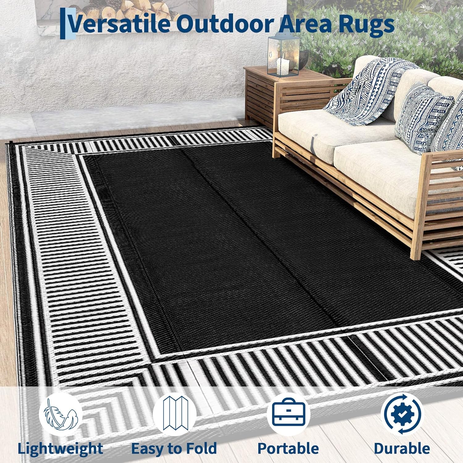 Outdoor Rug 8x10 Waterproof Patio Rugs Modern Striped Reversible Mat for Front Door Rv Border Foldable Plastic Straw Carpet for Travel Trailers, Porch, Camper, Balcony, Beach，Black/White