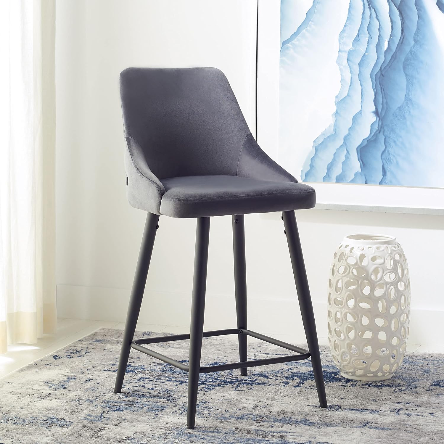 SAFAVIEH Home Collection Kelsey Shale Velvet/Black 24-inch Kitchen Breakfast Nook Island Dining Pub Counter Stool