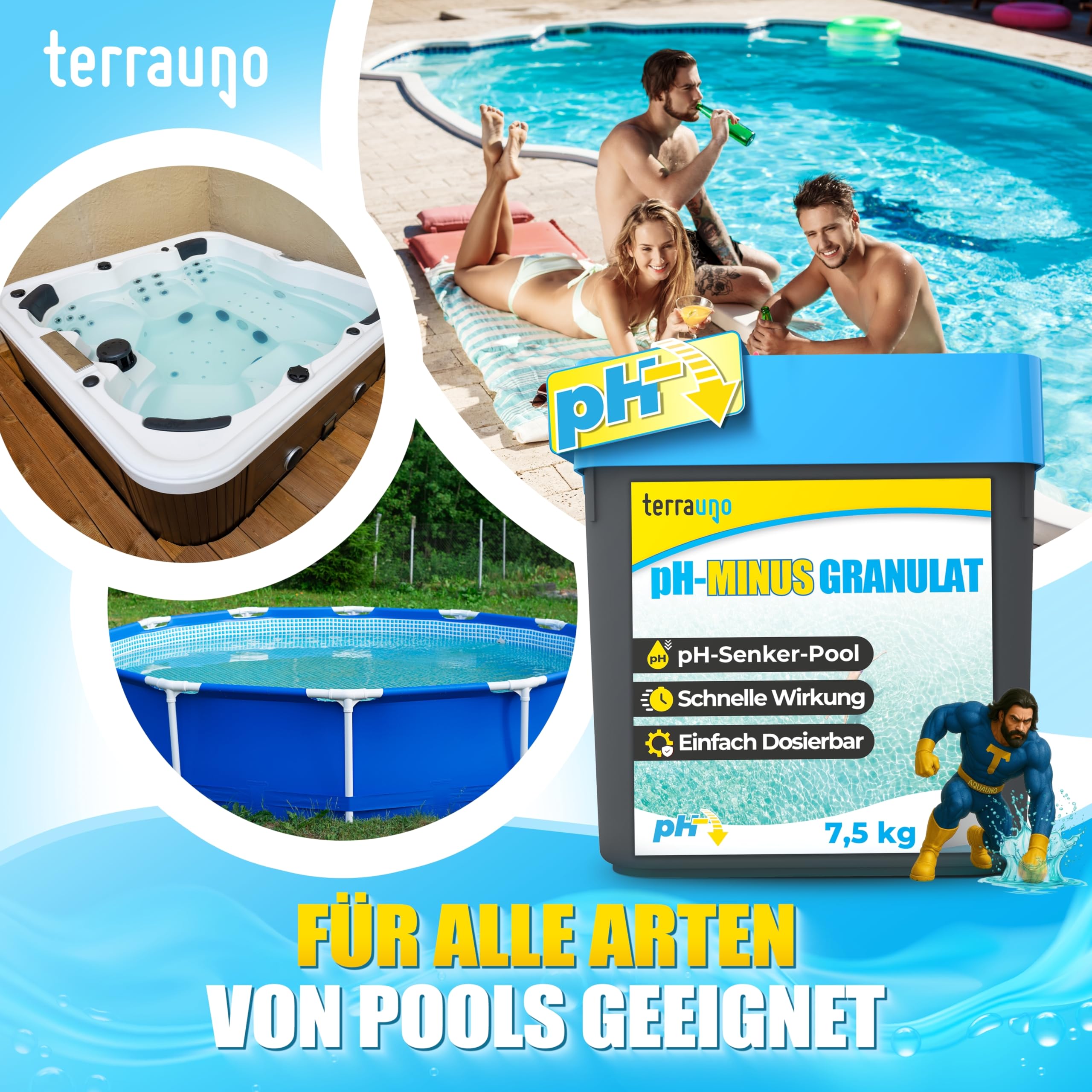 TerraUno pH minus Granulat für pH Wert Einstellung und Poolpflege, 7,5kg, pH Senker Pool zur Regulierung und Korrektur des pH Werts, schnelllöslich mit zuverlässiger Wirkung & ideal für alle Poolarten