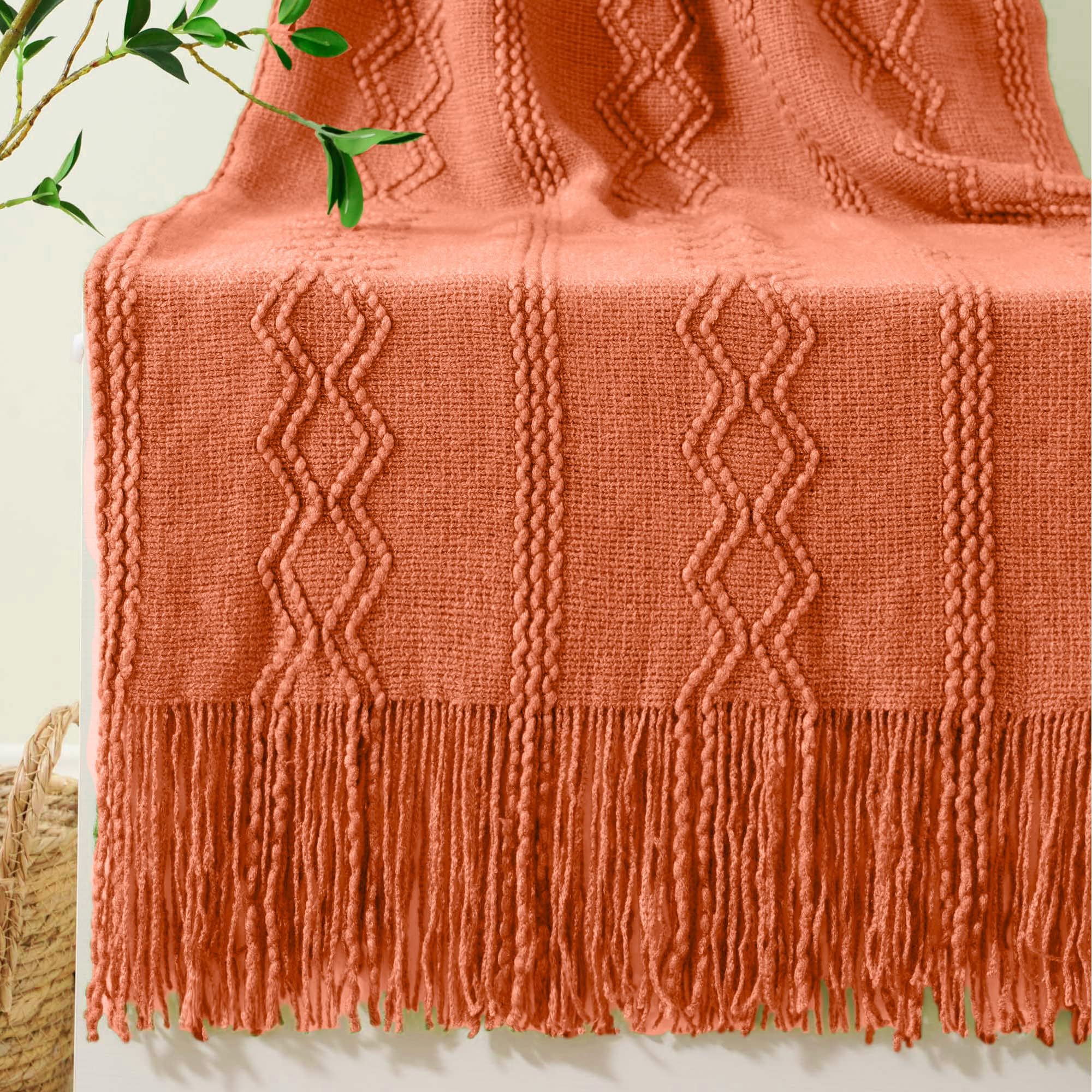 BATTILO HOME Orange Throw Blanket for Couch, Cozy Knitted Decorative Fall Throw Blanket with Tassels, Soft Coral Throw Blankets for Decor, 50"x60"