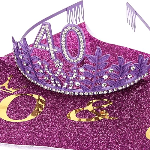 Miniatura 7 de CIEHER Banda morada de cumpleaños número 40 y corona de cumpleaños 40 para mujer, tiara de cumpleaños 40 púrpura de 40 años y fabulosas tiaras y