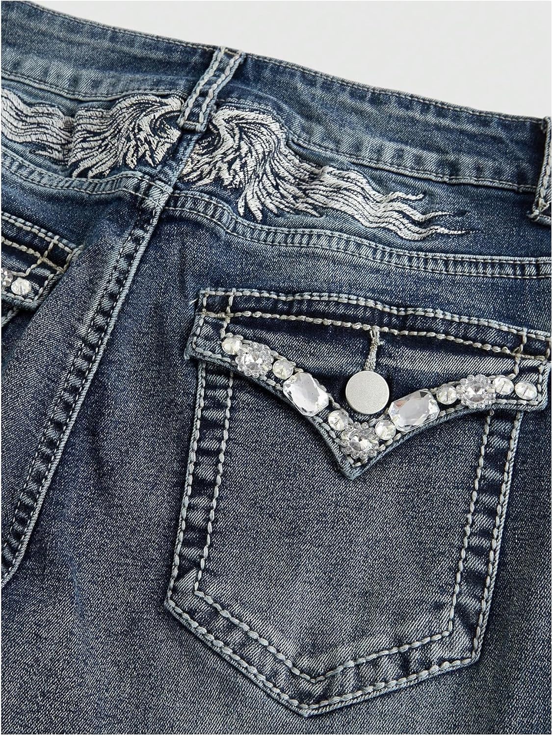 WDIRARA Women's Goth Punk Rhinestone Embroidered Flare Jeans Bootcut Denim Pants - Image 3