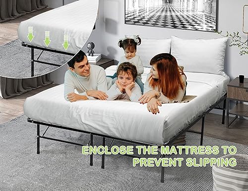 Miniatura 3 de Base de colchón plegable de tamaño matrimonial, marcos de cama de metal con almacenamiento y soporte de listones de acero resistente, marco de cama