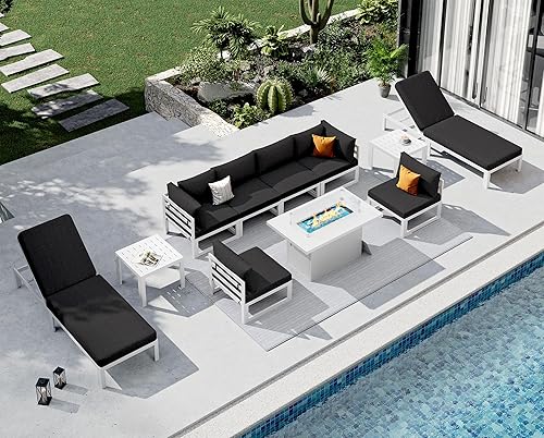 Miniatura 971 de NICESOUL 7 Piece White Powder-Coated Aluminum Patio Furniture with Fire Pit Table, 29 Inch Extra Wide Outdoor Sectional Sofa for 6, High-End Heavy
