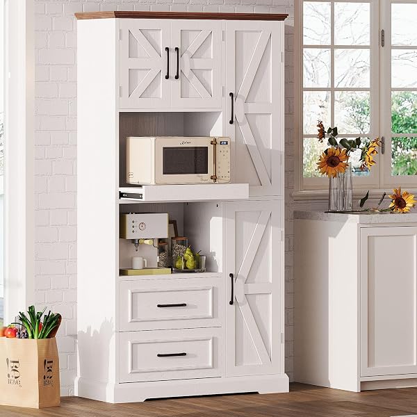 IRONCK Farmhouse Kitchen Pantry Cabinet with Microwave Stand
