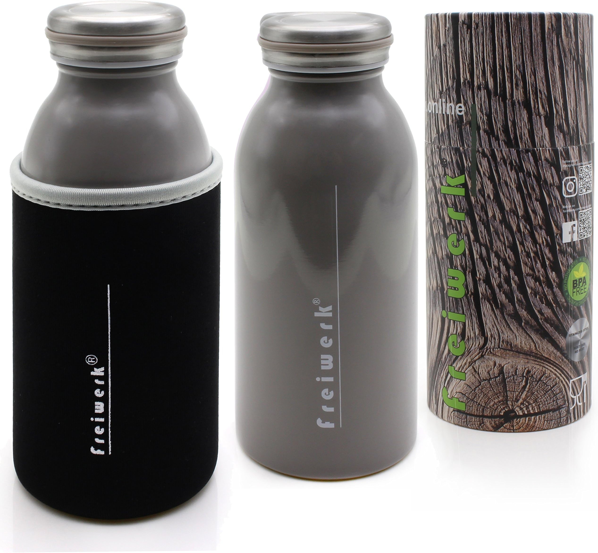 Freiwerk®, thermos flask 350 ml, double-walled stainless steel, with neoprene sleeve, kids, travel, outdoor bottle