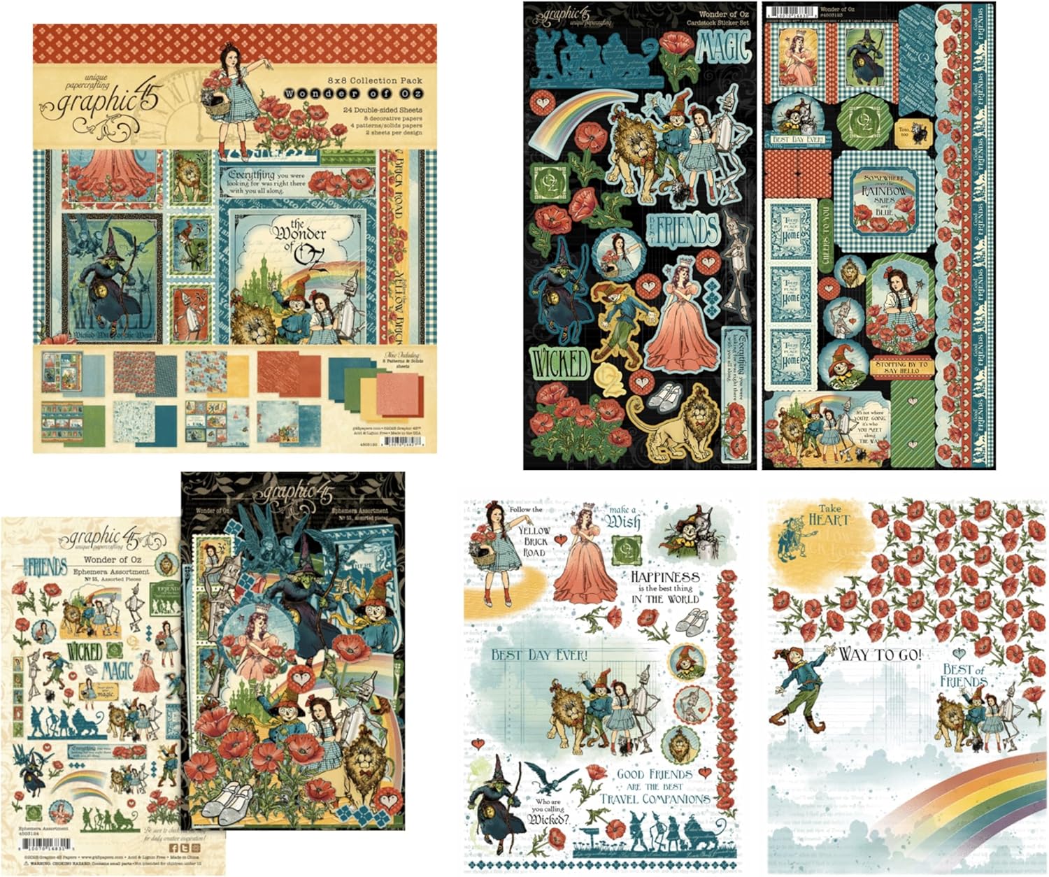 Spellbinders Graphic 45 Wonder of Oz Creating Bundle - Oz Silhouette Die, Graphic 45 Rub-on Transfers, 8x8 Collection Pack (24 Double-Sided Sheets), Cardstock Stickers and Ephemera Assortment