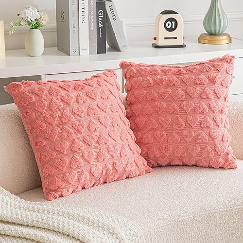 AQOTHES Juego de 2 fundas de almohada decorativas de color rojo coral de 18 x 18 pulgadas, fundas de almohada de lana sintética de felpa suave para