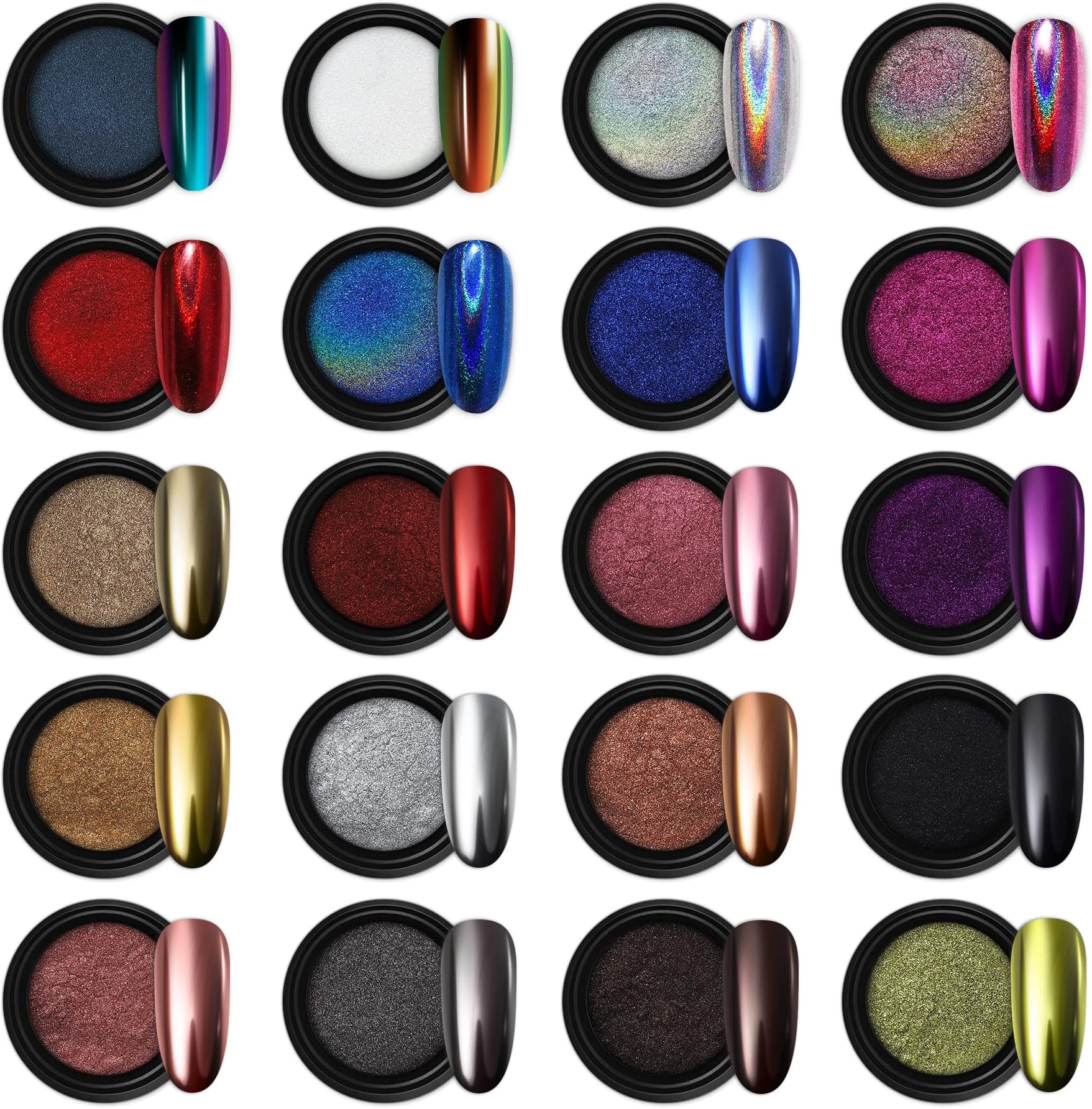 Artdone 20 Jars Chrome Nail Powder Set Metallic Mirror Effect Holographic Aur...