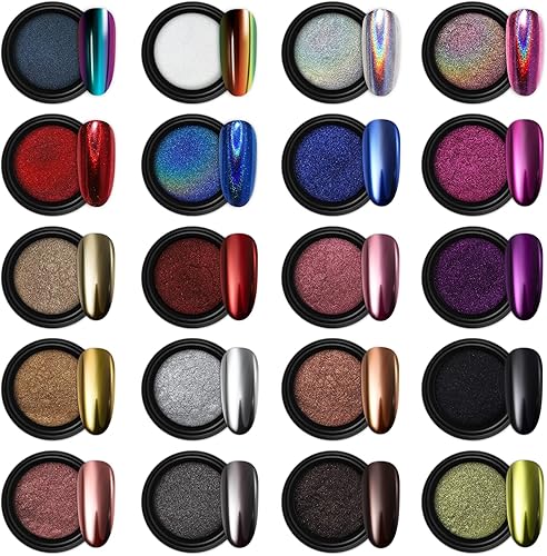 Artdone 20 Jars Chrome Nail Powder Set Metallic Mirror Effect Holographic Aurora Chameleon Pigment 1gJar for Nail Art Glitters Gel Polish Supply