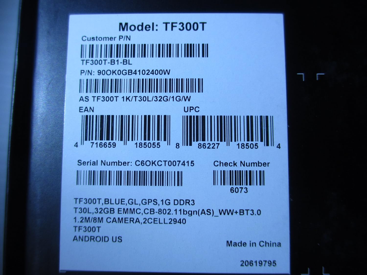 Product label showing model number TF300T and UPC 886227185054
